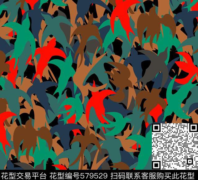 手绘鸟抽像传统印花华亿平台下载（图片编号: 579529） - 瓦栏（Walan）