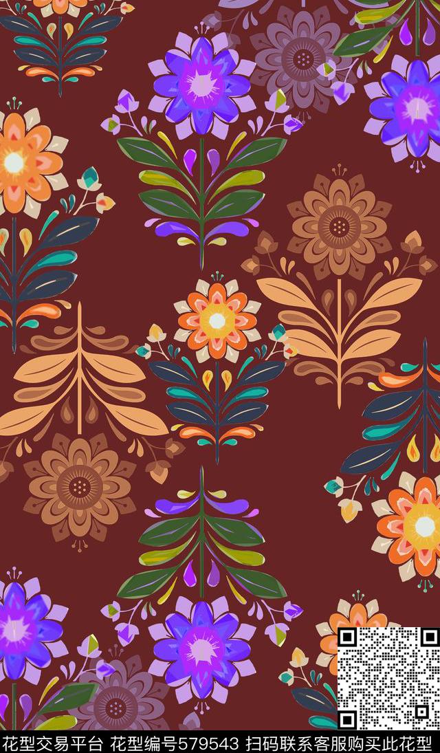 风格花卉传统时尚多色传统印花华亿平台下载（图片编号: 579543） - 瓦栏（Walan）