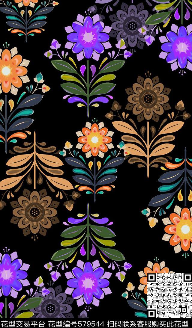 风格花卉传统时尚多色传统印花华亿平台下载（图片编号: 579544） - 瓦栏（Walan）