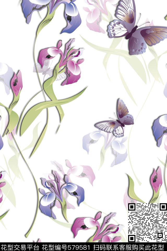 小清新兰花蝴蝶数码印花华亿平台下载（图片编号: 579581） - 瓦栏（Walan）