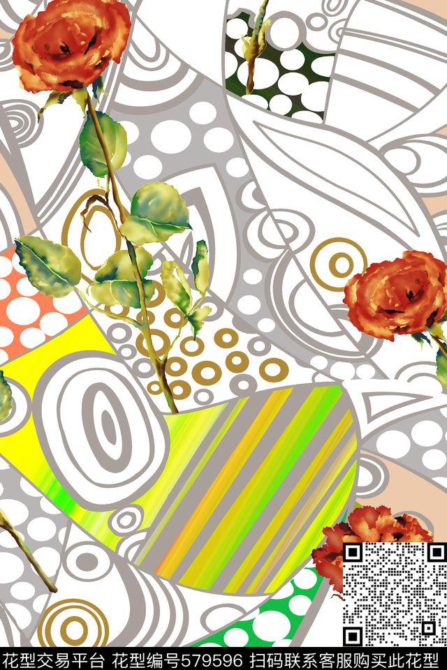 浪漫花卉抽像花卉几何线条传统印花华亿平台下载（图片编号: 579596） - 瓦栏（Walan）