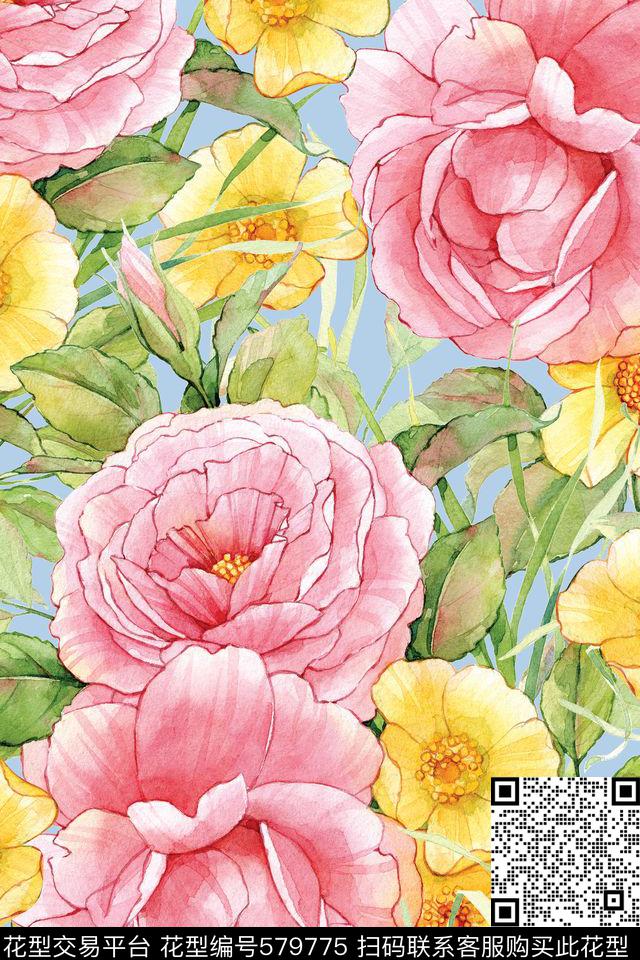 花卉手绘花朵大朵玫瑰数码印花华亿平台下载（图片编号: 579775） - 瓦栏（Walan）