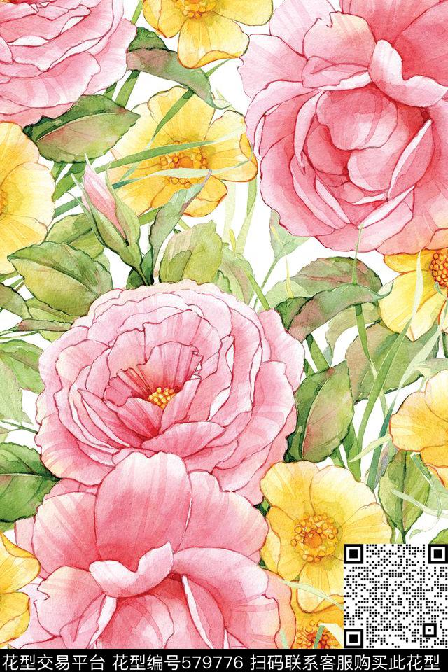 手绘花朵大朵玫瑰春夏裙装数码印花华亿平台下载（图片编号: 579776） - 瓦栏（Walan）
