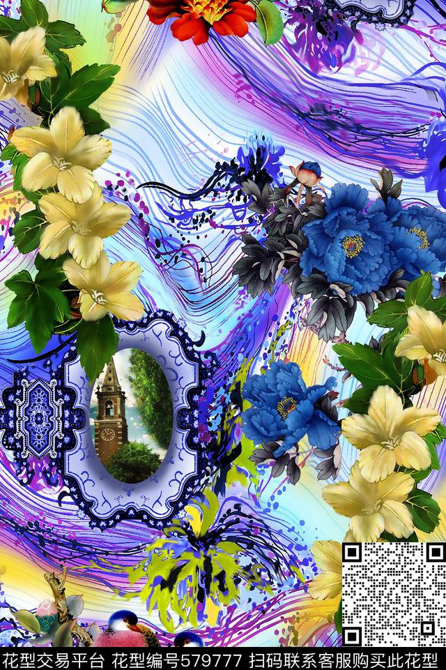 花鸟手绘印花几何线条数码印花华亿平台下载（图片编号: 579777） - 瓦栏（Walan）