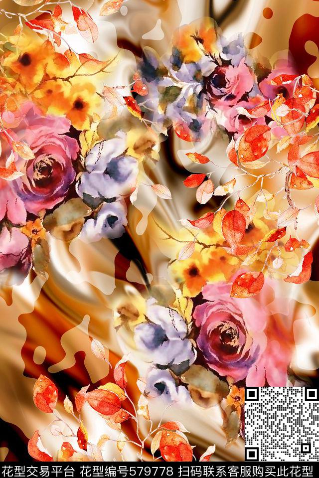 大气女装手绘花朵炫彩数码印花华亿平台下载（图片编号: 579778） - 瓦栏（Walan）