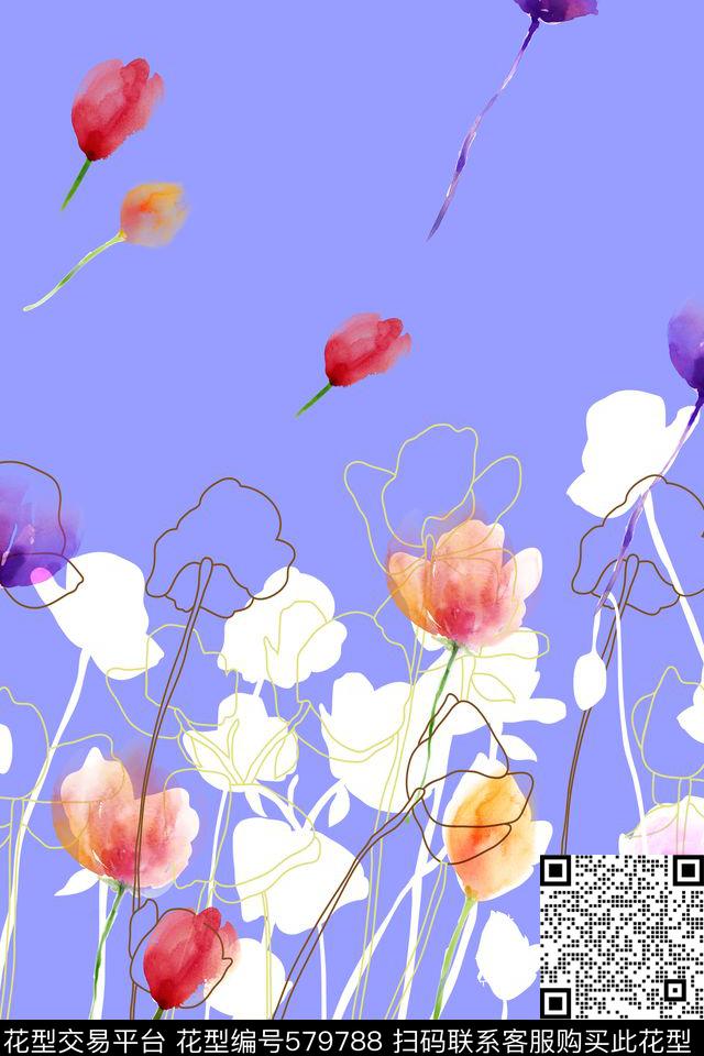 时尚小清新花卉郁金香数码印花华亿平台下载（图片编号: 579788） - 瓦栏（Walan）