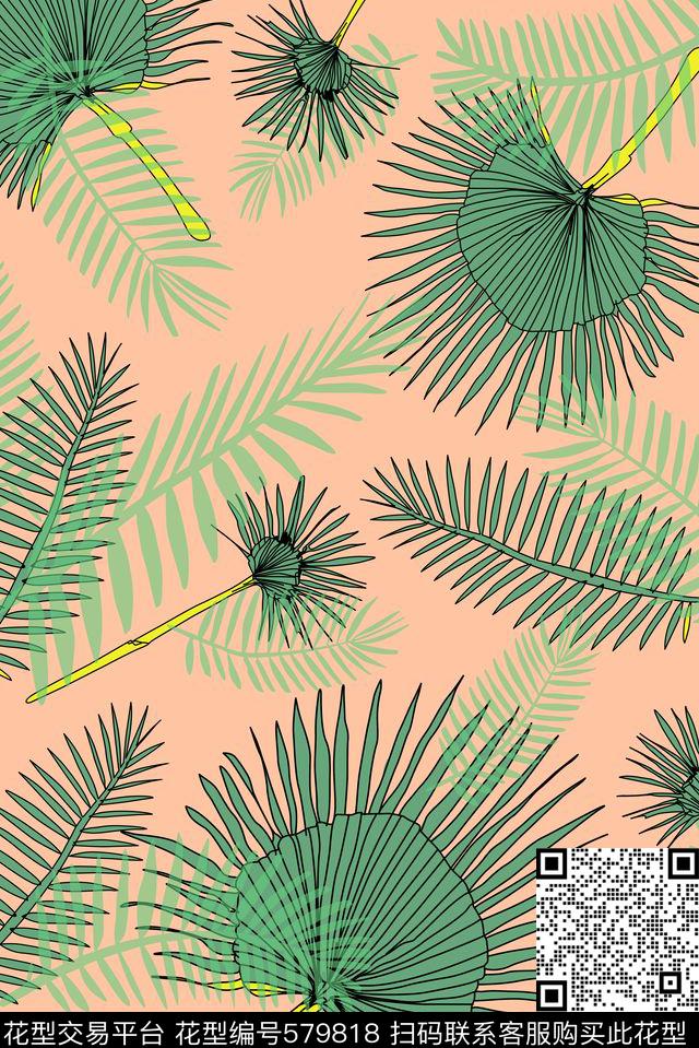 棕榈叶热带手绘传统印花华亿平台下载（图片编号: 579818） - 瓦栏（Walan）