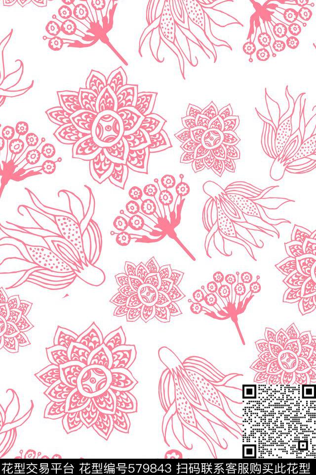 时尚线描花卉复古传统印花华亿平台下载（图片编号: 579843） - 瓦栏（Walan）