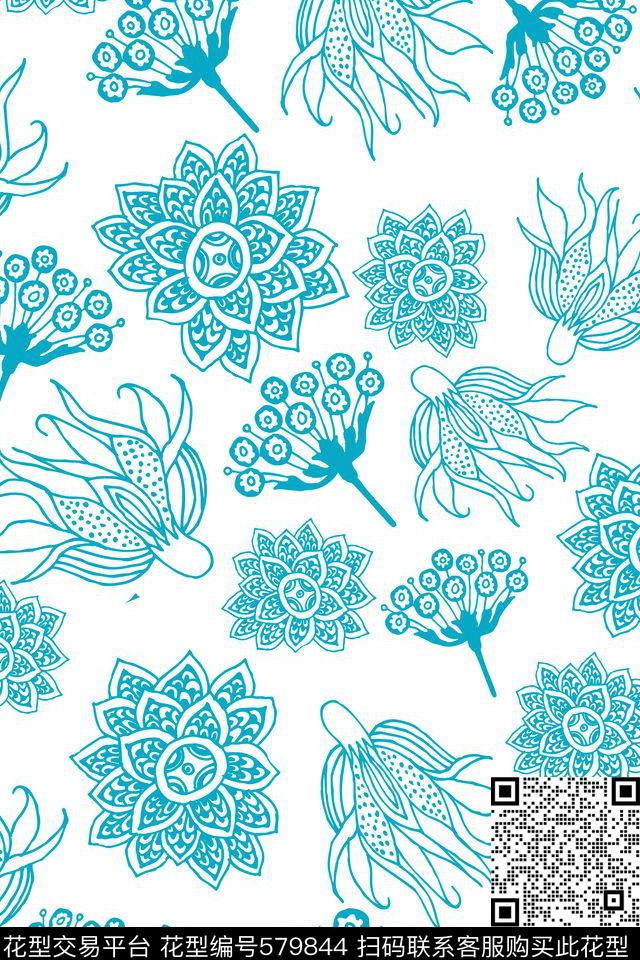 时尚线描花卉复古传统印花华亿平台下载（图片编号: 579844） - 瓦栏（Walan）