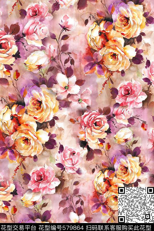油画手绘花卉大花数码印花华亿平台下载（图片编号: 579864） - 瓦栏（Walan）