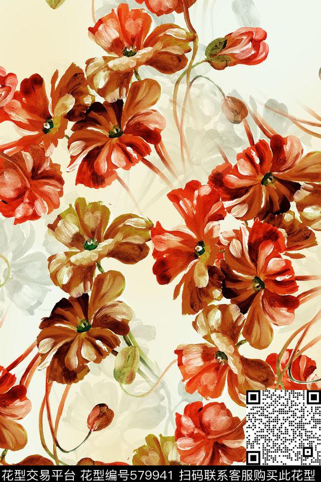 大气中国风花朵抽象油画原创数码印花华亿平台下载（图片编号: 579941） - 瓦栏（Walan）