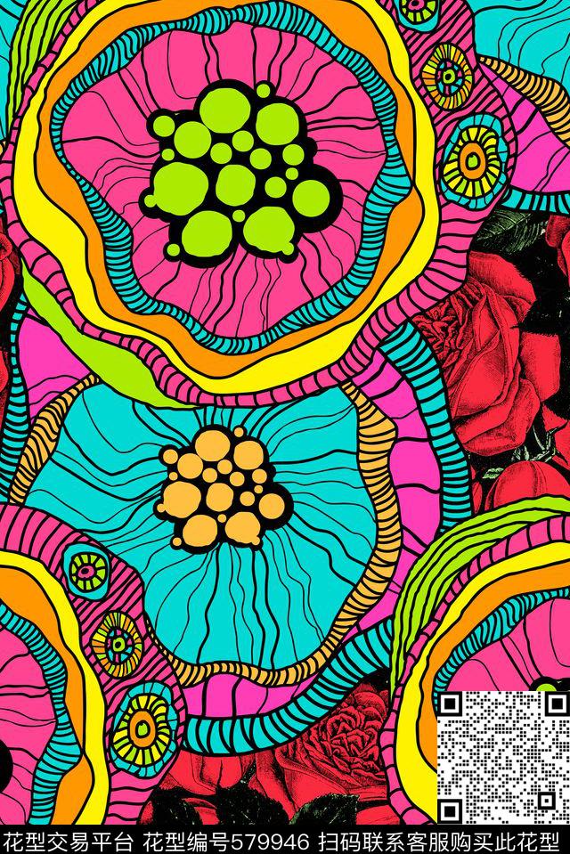 花朵大花时尚色彩数码印花华亿平台下载（图片编号: 579946） - 瓦栏（Walan）