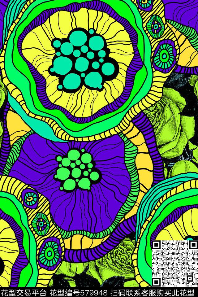 花朵大花时尚色彩数码印花华亿平台下载（图片编号: 579948） - 瓦栏（Walan）