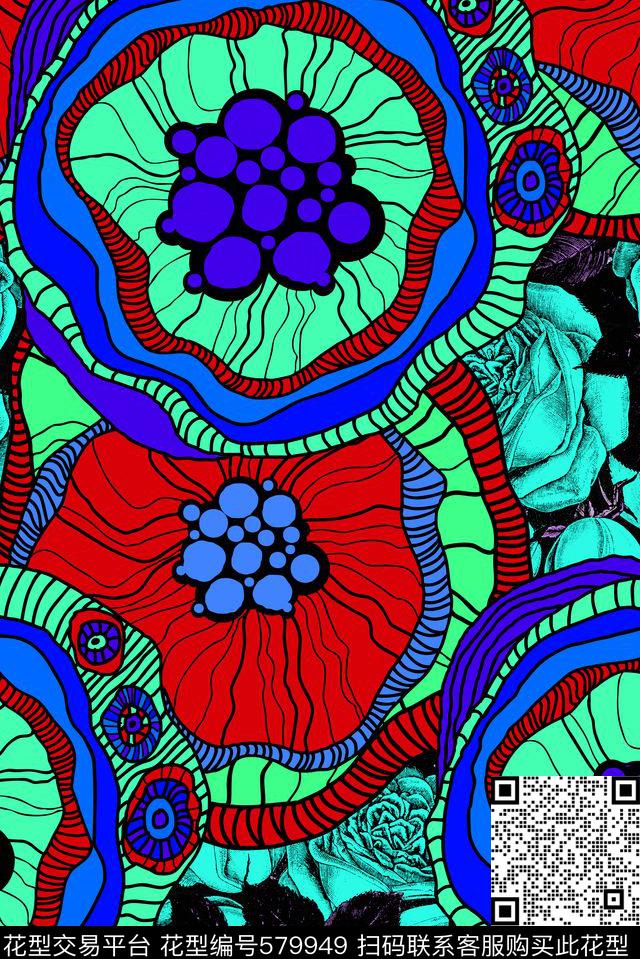 花朵大花时尚色彩数码印花华亿平台下载（图片编号: 579949） - 瓦栏（Walan）