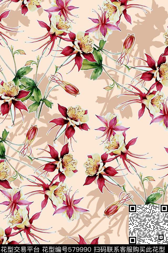 中国风手绘大气炫彩女装数码印花华亿平台下载（图片编号: 579990） - 瓦栏（Walan）