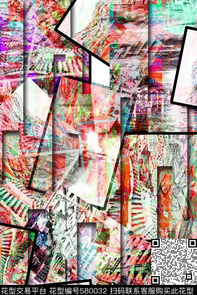 潮流时尚大牌抽象几何风景线条数码印花华亿平台下载（图片编号: 580032） - 瓦栏（Walan）