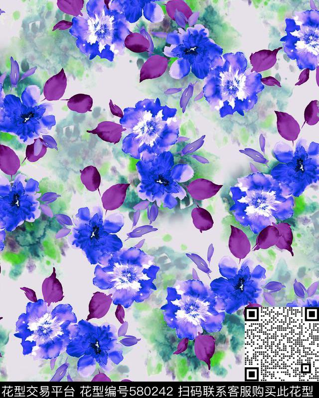 花卉手绘水彩数码印花华亿平台下载（图片编号: 580242） - 瓦栏（Walan）
