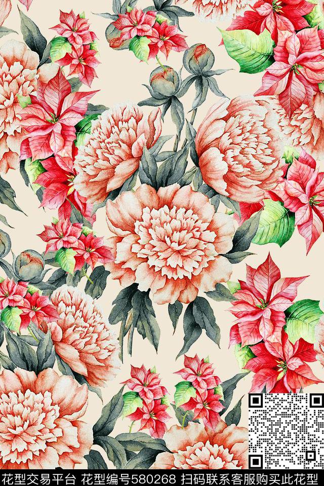手绘大气原创花朵炫彩清新典雅数码印花华亿平台下载（图片编号: 580268） - 瓦栏（Walan）
