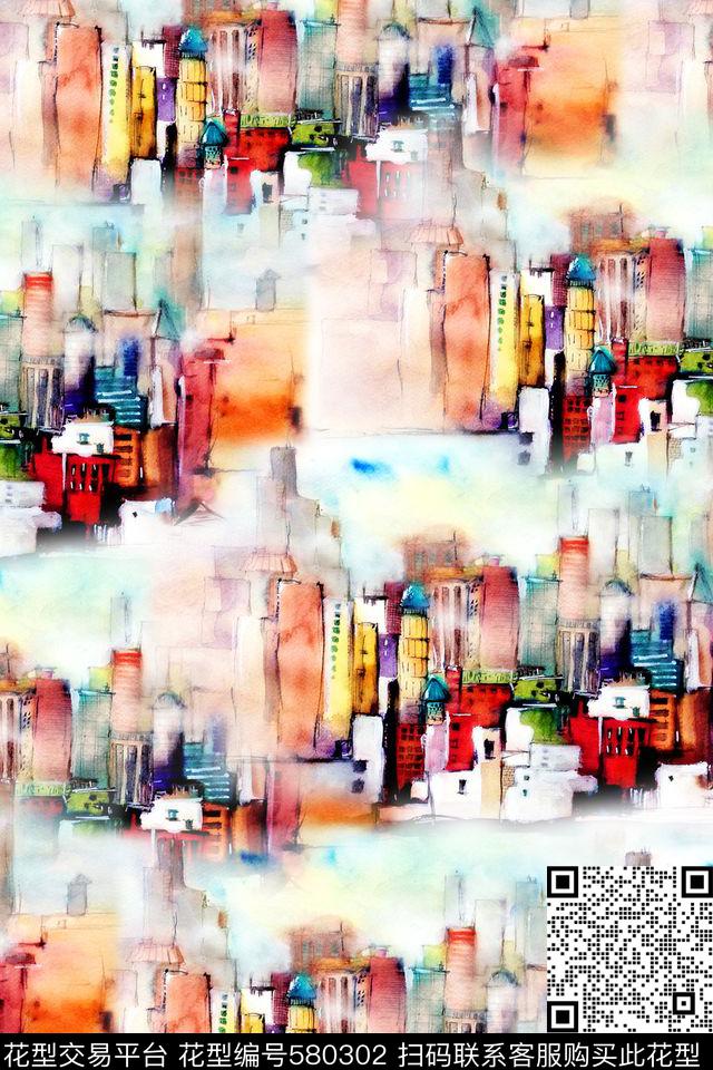 休闲水彩绘画建筑衬衫半裙数码印花华亿平台下载（图片编号: 580302） - 瓦栏（Walan）