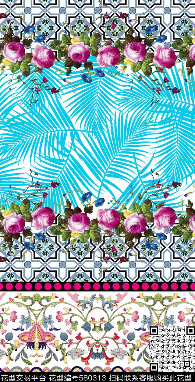 油画花、中国风纹饰、热带树叶数码印花华亿平台下载（图片编号: 580313） - 瓦栏（Walan）