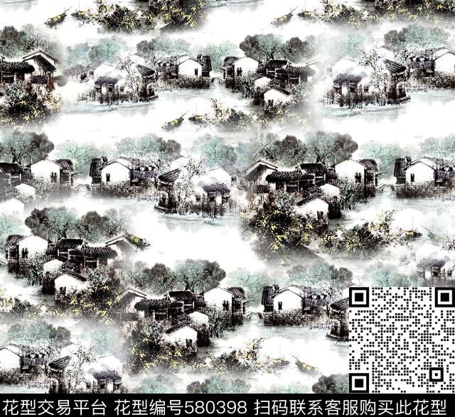 传统印花水墨风景肌理传统印花华亿平台下载（图片编号: 580398） - 瓦栏（Walan）