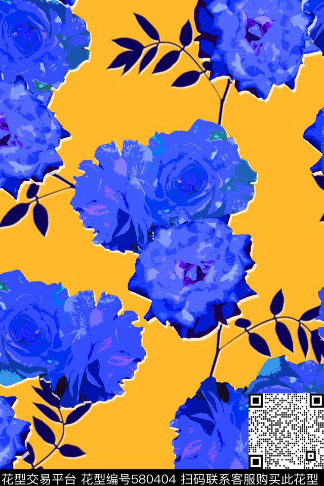 大花玫瑰手绘传统印花华亿平台下载（图片编号: 580404） - 瓦栏（Walan）