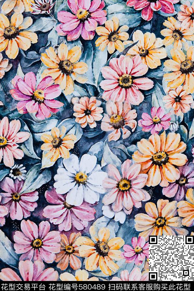 手绘多彩迷幻花卉数码印花华亿平台下载（图片编号: 580489） - 瓦栏（Walan）