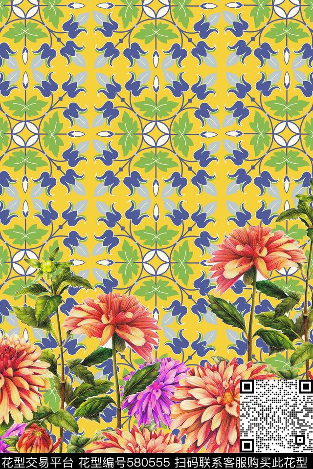 雏菊花卉民族风数码印花华亿平台下载（图片编号: 580555） - 瓦栏（Walan）
