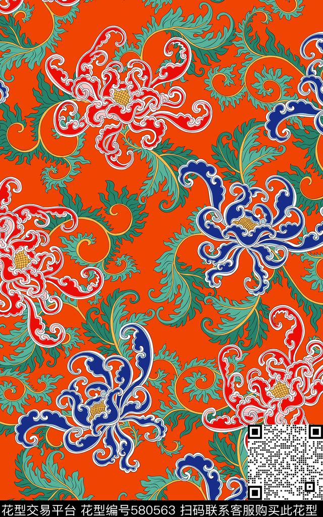 中国风手绘莲花传统印花华亿平台下载（图片编号: 580563） - 瓦栏（Walan）