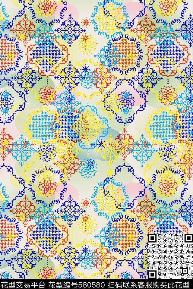 中国风几何格纹波点组合几何传统印花华亿平台下载（图片编号: 580580） - 瓦栏（Walan）