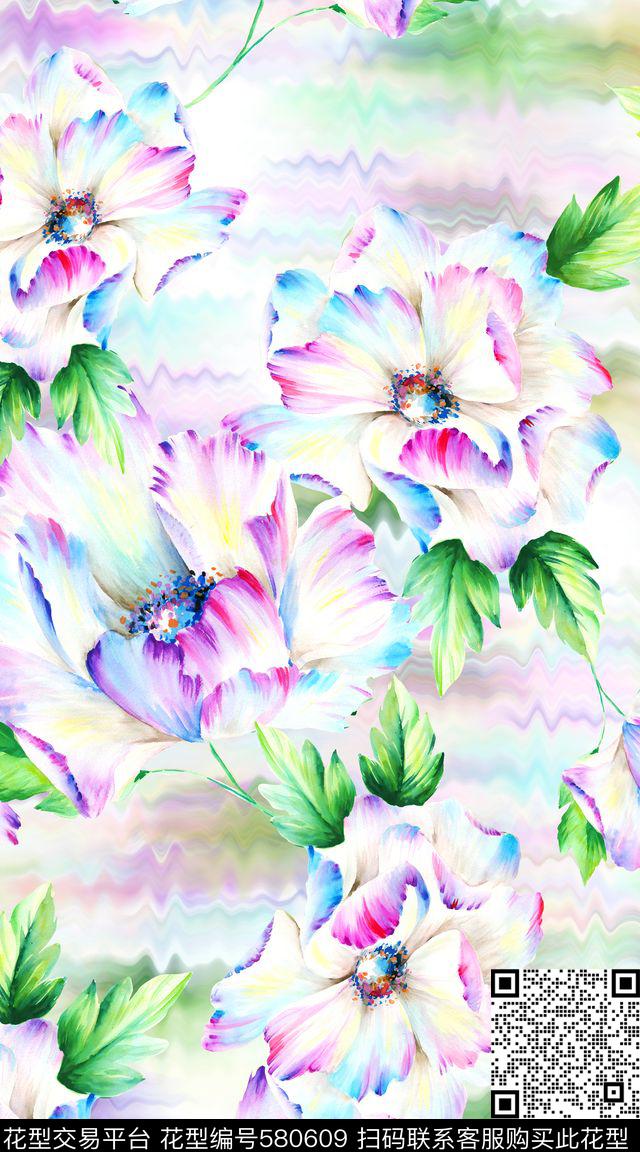 朦胧水彩花卉水彩大花数码印花华亿平台下载（图片编号: 580609） - 瓦栏（Walan）