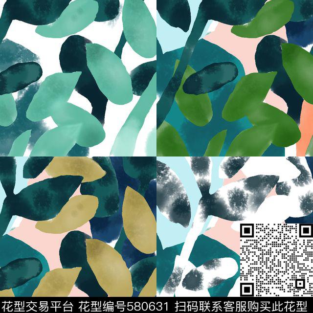 手绘树叶撞色传统印花华亿平台下载（图片编号: 580631） - 瓦栏（Walan）