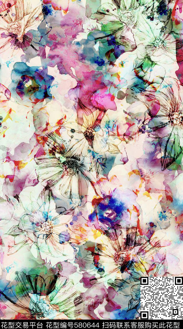 抽象唯美水彩肌理花卉雪纺女士夏季连衣裙数码印花华亿平台下载（图片编号: 580644） - 瓦栏（Walan）