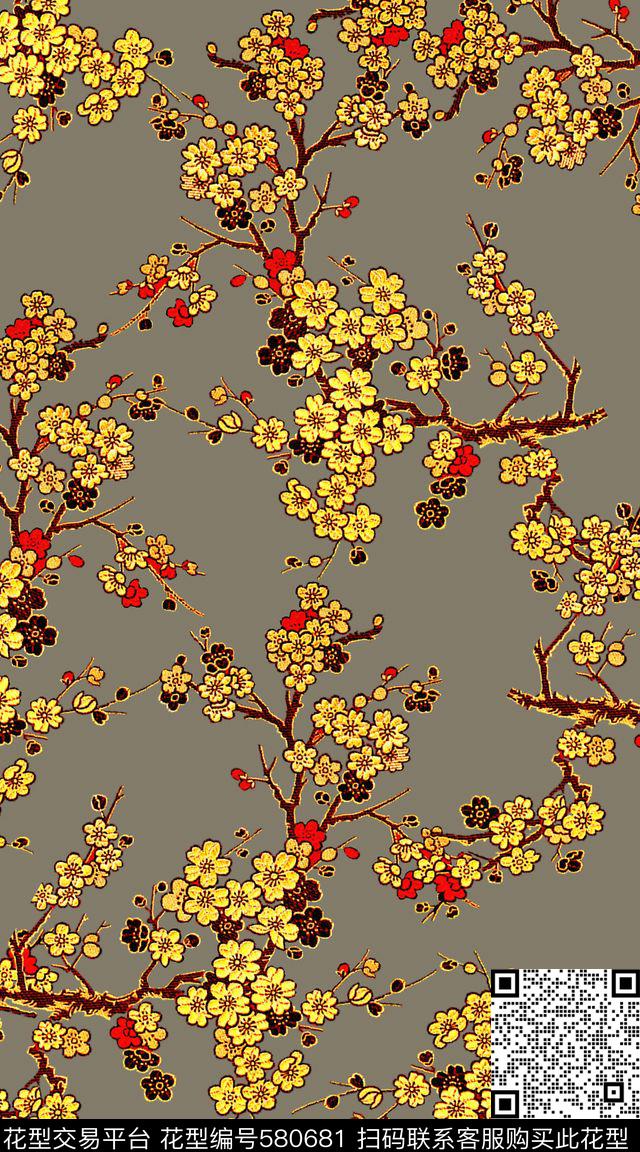 中国风花卉大牌数码印花华亿平台下载（图片编号: 580681） - 瓦栏（Walan）