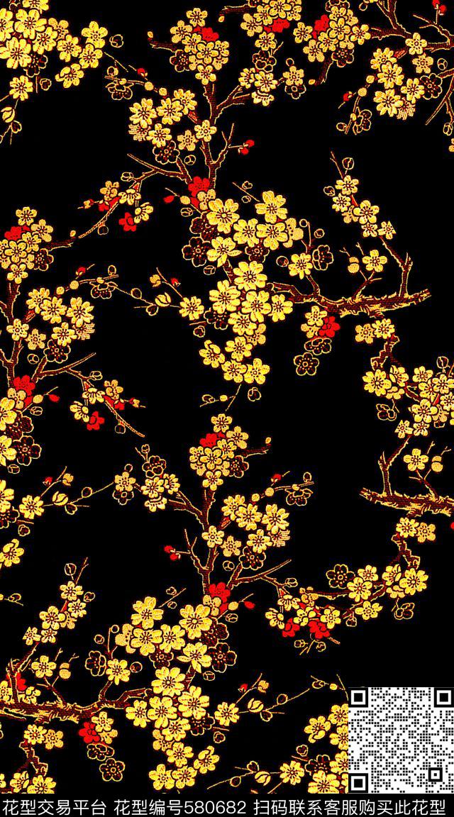 中国风花卉大牌数码印花华亿平台下载（图片编号: 580682） - 瓦栏（Walan）