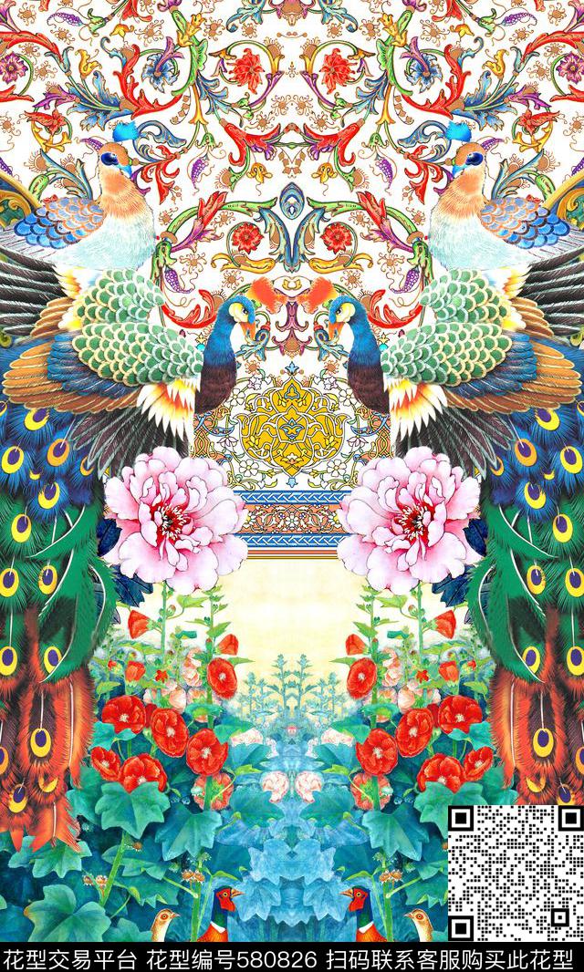 时尚孔雀花卉数码印花华亿平台下载（图片编号: 580826） - 瓦栏（Walan）