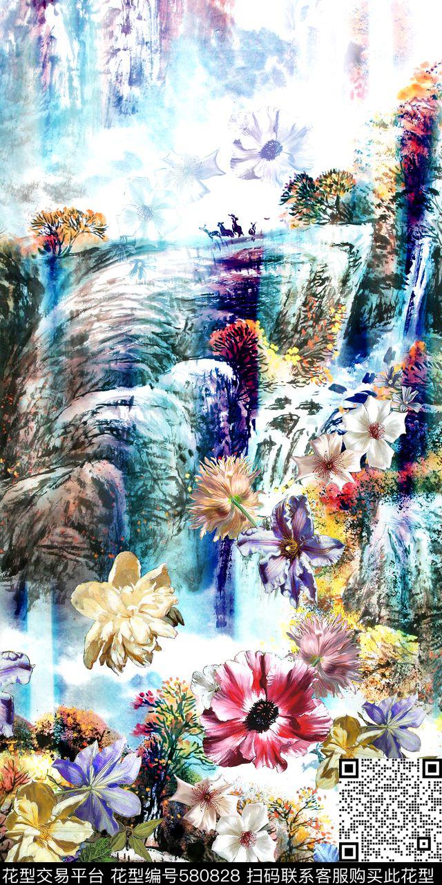 时尚水墨风景花卉数码印花华亿平台下载（图片编号: 580828） - 瓦栏（Walan）