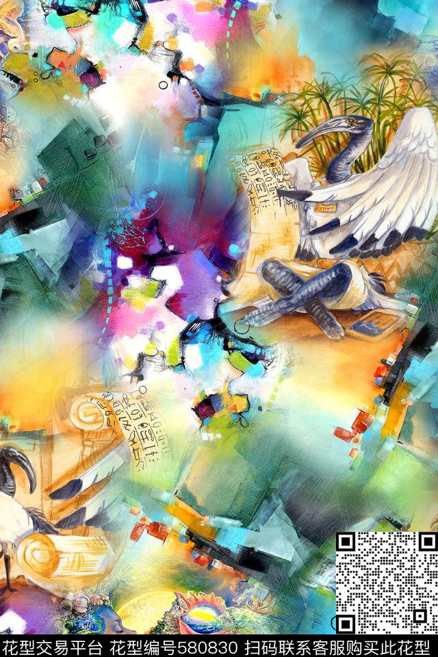 时尚油画仙鹤数码印花华亿平台下载（图片编号: 580830） - 瓦栏（Walan）