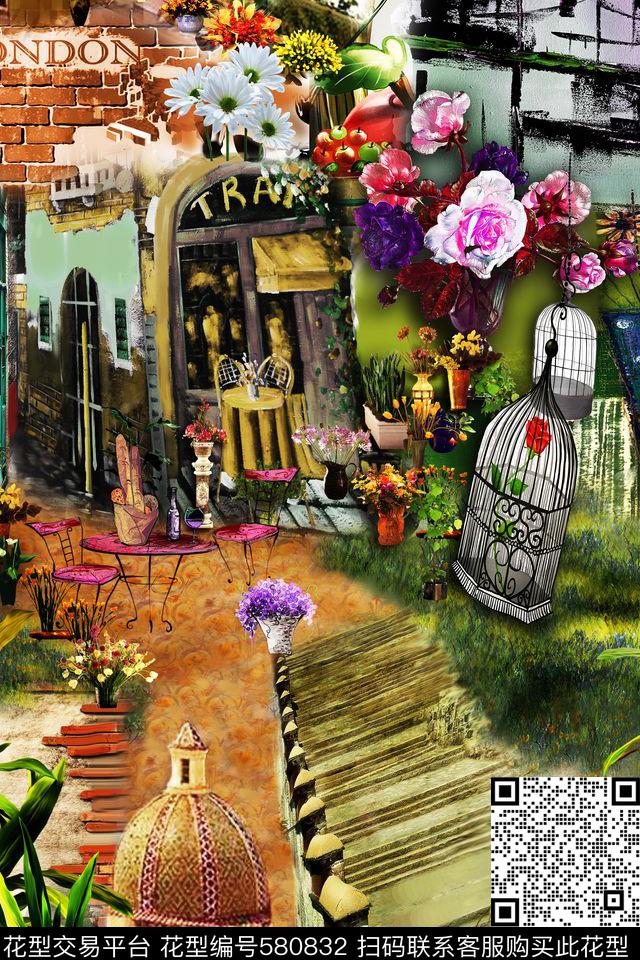 花卉复古手绘数码印花华亿平台下载（图片编号: 580832） - 瓦栏（Walan）