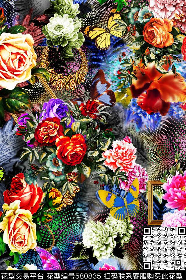 牡丹手绘花卉数码印花华亿平台下载（图片编号: 580835） - 瓦栏（Walan）