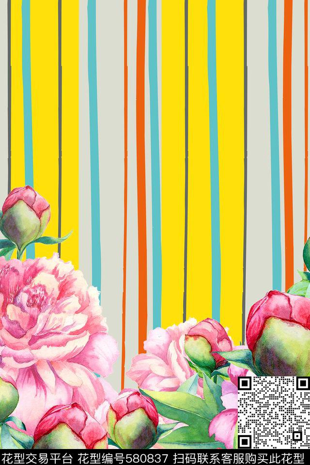 几何条纹牡丹数码印花华亿平台下载（图片编号: 580837） - 瓦栏（Walan）