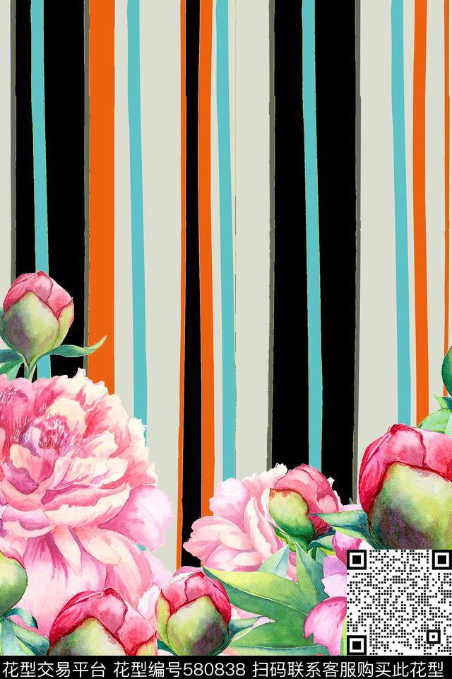 时尚几何条纹花卉数码印花华亿平台下载（图片编号: 580838） - 瓦栏（Walan）
