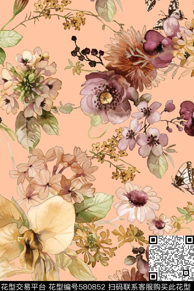 手绘植物浪漫花卉女装数码印花华亿平台下载（图片编号: 580852） - 瓦栏（Walan）
