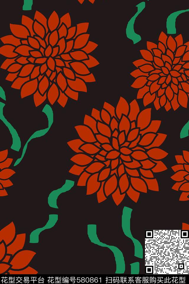 花卉美国风超大花卉传统印花华亿平台下载（图片编号: 580861） - 瓦栏（Walan）