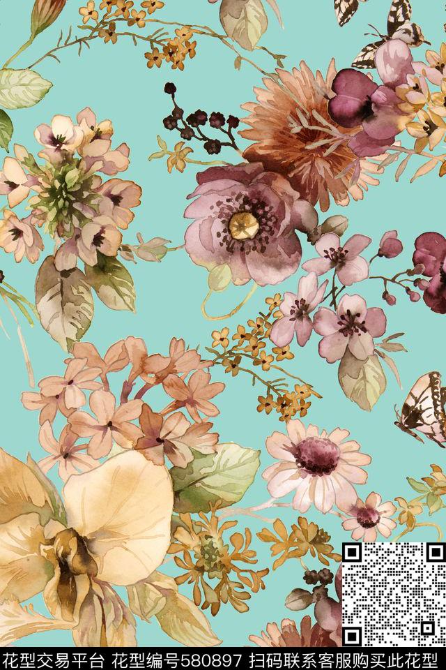 手绘浪漫花卉粉晶数码印花华亿平台下载（图片编号: 580897） - 瓦栏（Walan）