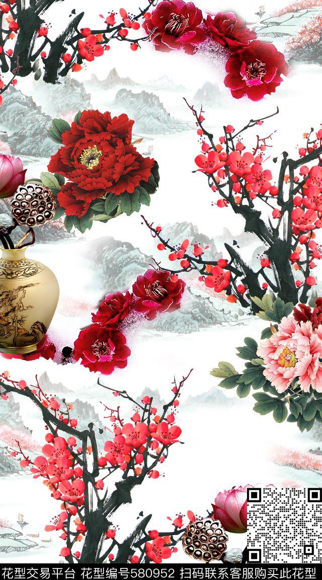 中国风山水花卉瓷器数码印花华亿平台下载（图片编号: 580952） - 瓦栏（Walan）
