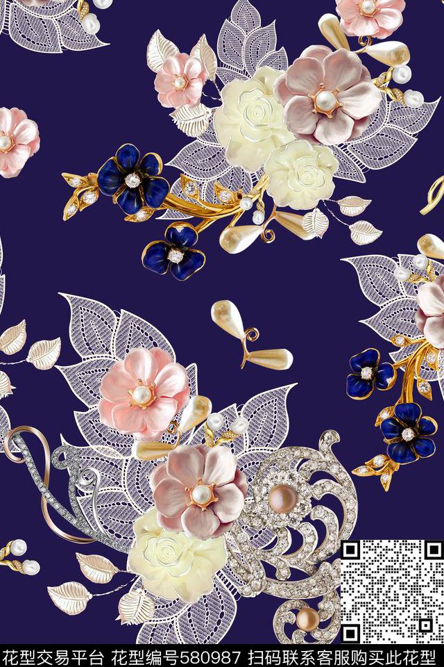 珠宝花卉蕾丝数码印花华亿平台下载（图片编号: 580987） - 瓦栏（Walan）