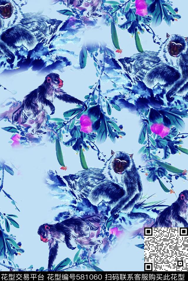 猴子国画复古数码印花华亿平台下载（图片编号: 581060） - 瓦栏（Walan）