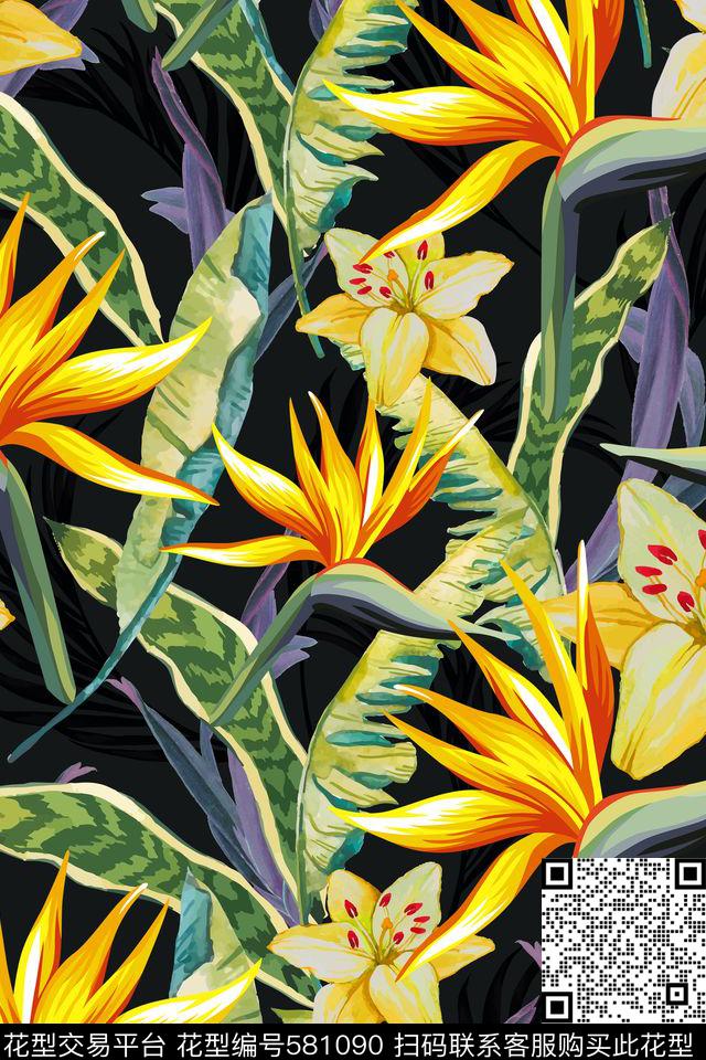 天堂鸟花棕榈叶热带数码印花华亿平台下载（图片编号: 581090） - 瓦栏（Walan）