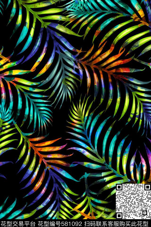 棕榈叶热带炫彩数码印花华亿平台下载（图片编号: 581092） - 瓦栏（Walan）